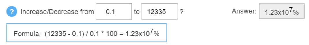 Screenshot of the calculation 'Increase from 0.1 to 12335?' along with the formula and answer in scientific notation which is 1.23x10^7 %.
